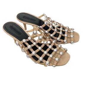 Alexander Wang Tan Suede Studded Cage Mule Heels